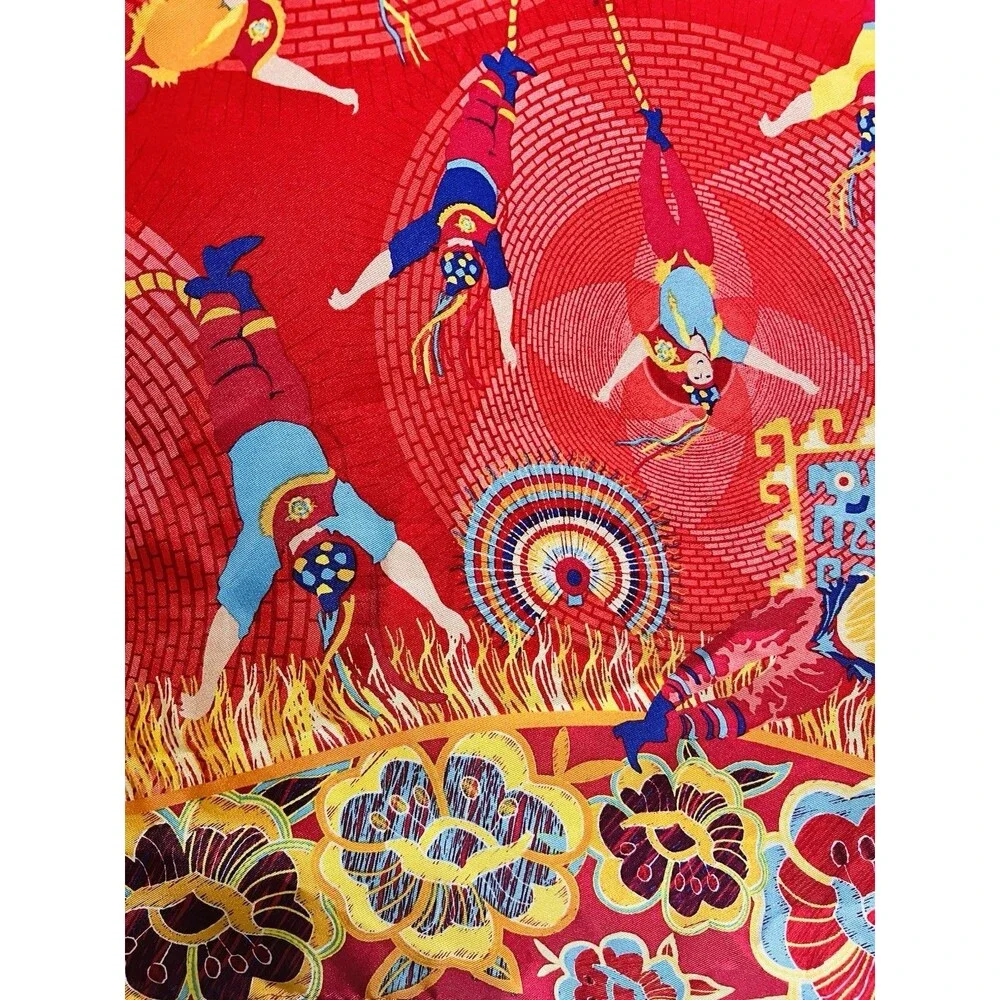 Pineda Covalin Silk Satin Square Scarf Red Multicolor Floral Fringe Dry Clean